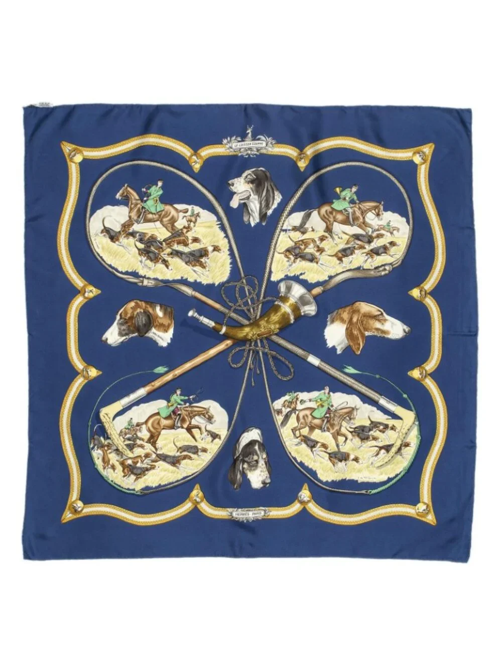 ★SOLD★ Hermes Scarf Navy Brown Yellow Silk - Picture 2 of 5